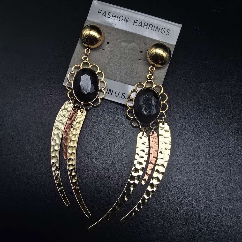 Black Rhinestone Mixed Metal Tone Earrings Hammered Dangle Drop Vintage